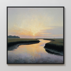 The Tidal Whispers Canvas Art - Square features a serene landscape with a winding river and glowing sky, making it the perfect calming sunset wall art to enhance your space.