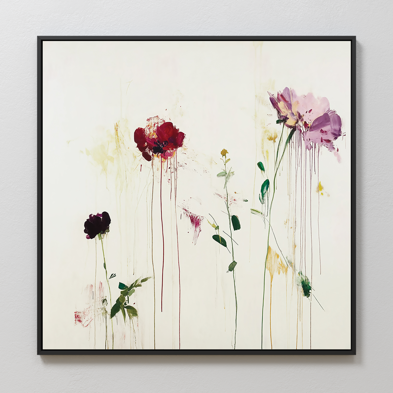 The Wild Flower Canvas Art features abstract flowers with elongated, dripping stems and red, purple, yellow, and pink petals on a white background, creating a delicate, watercolor-inspired look.