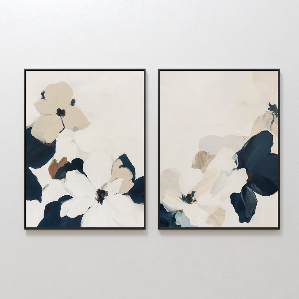 The Floral Serenity Set of 2 features framed abstract floral wall art in beige, white, navy, and brown on a light background—perfect minimalist decor for your living room.
