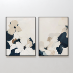 The Floral Serenity Set of 2 features framed abstract floral wall art in beige, white, navy, and brown on a light background—perfect minimalist decor for your living room.