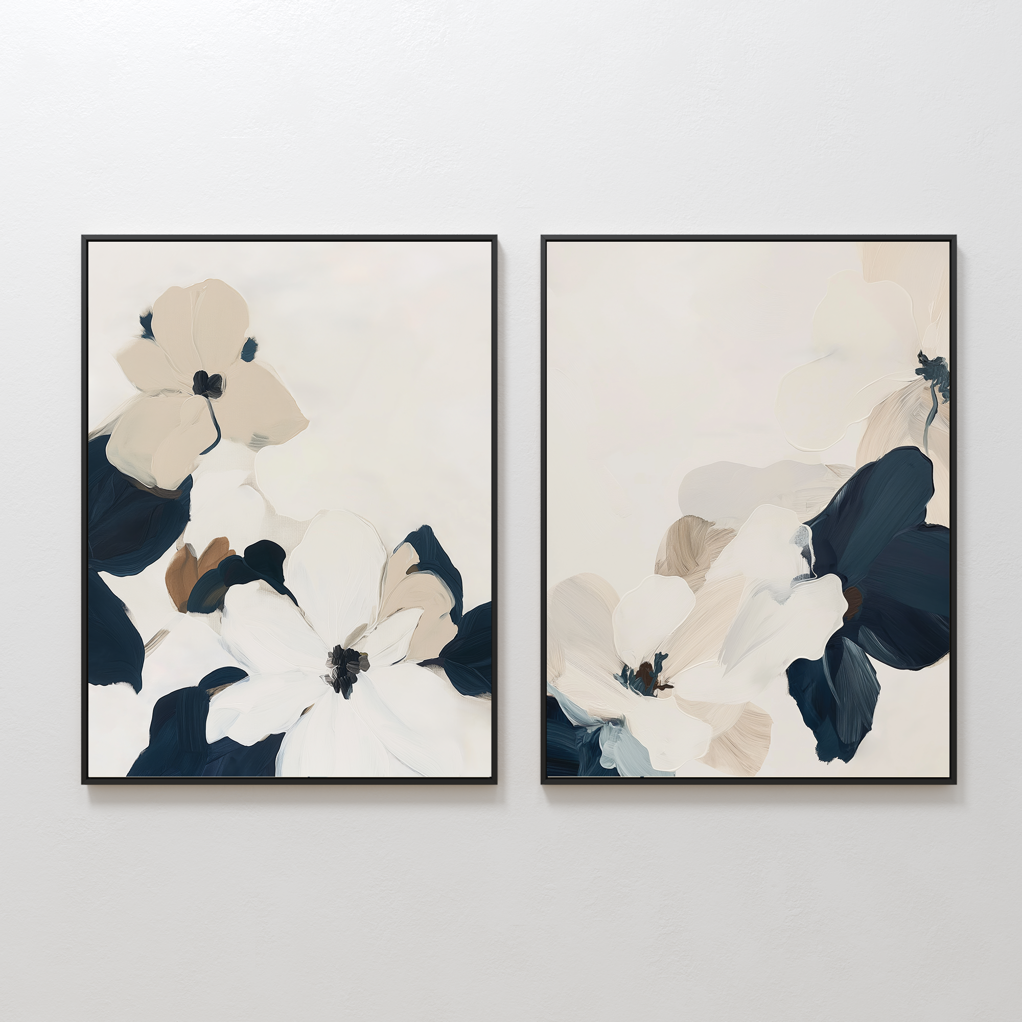 The Floral Serenity Set of 2 features framed abstract floral wall art in beige, white, navy, and brown on a light background—perfect minimalist decor for your living room.