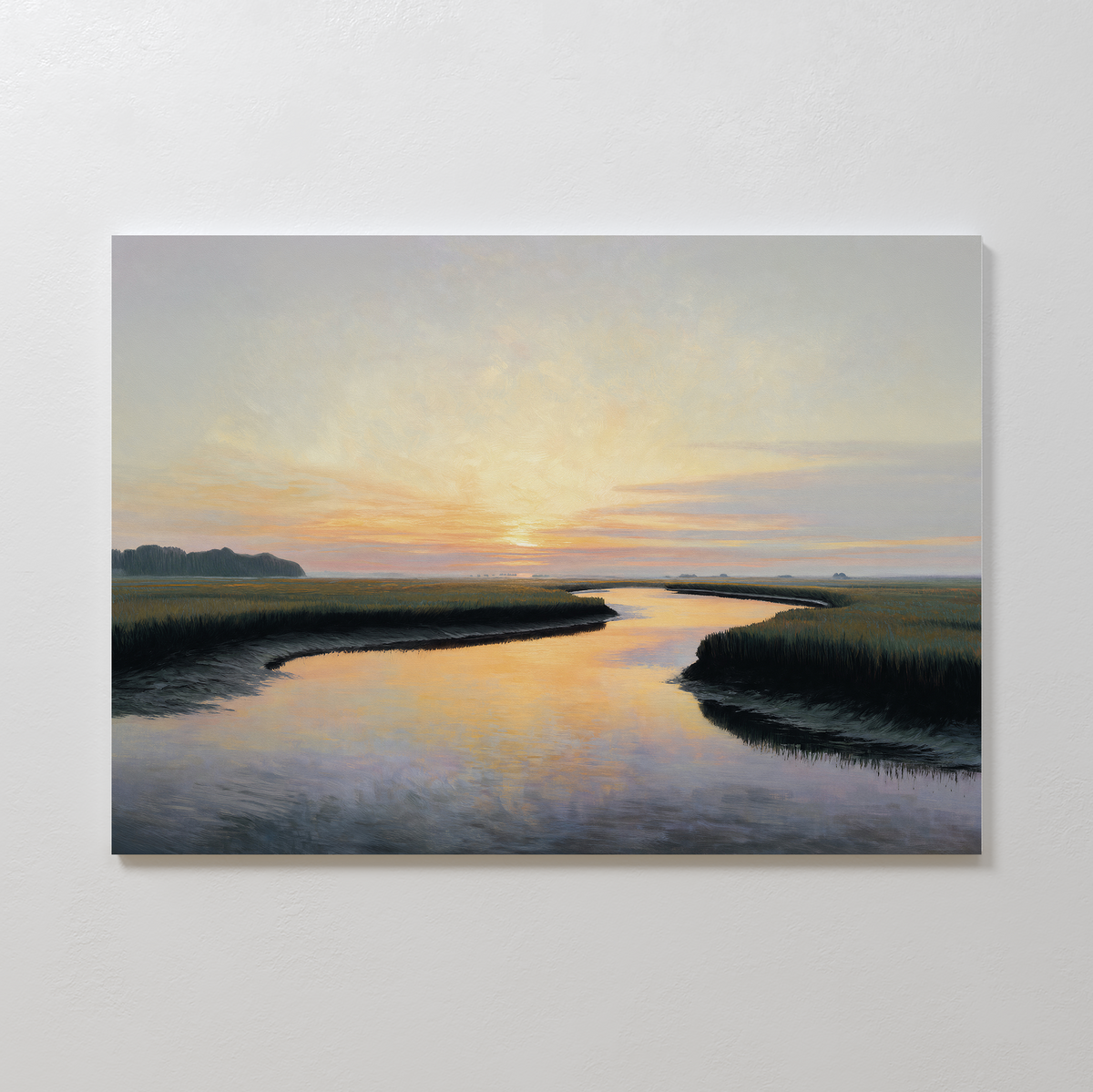 Tidal Whispers Canvas Art - Horizontal features a serene river winding through marshlands at sunset, with soft orange, yellow, and blue hues—perfect coastal wall art for bringing tranquility to any space.