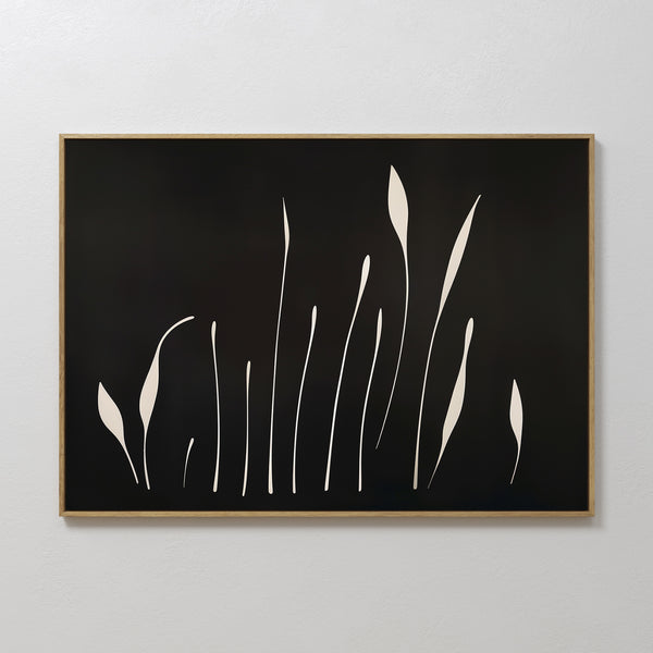 Botanical Silhouettes Abstract Canvas Art features minimalist cream plant shapes on a black background, set in a light wood frame and displayed on a white wall.