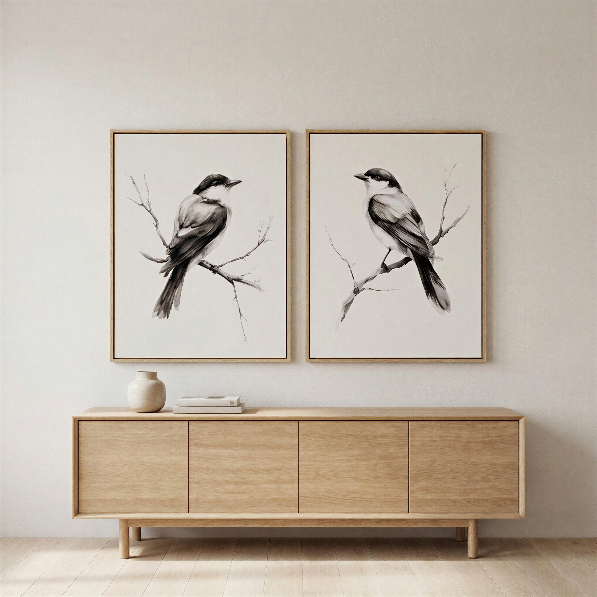 The Still Perch Set of 2, framed black-and-white bird illustrations, hangs above a light wood console with a ceramic vase, set against a neutral wall—ideal perched birds decor for a minimalist room.