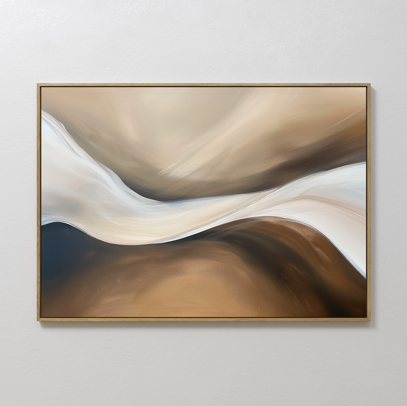 Neutral Landscape River Abstract Canvas Art features flowing shapes in brown, beige, white, and cream with a slim gold frame. This minimalist wall art adds movement and calm, making it ideal for your living room decor.