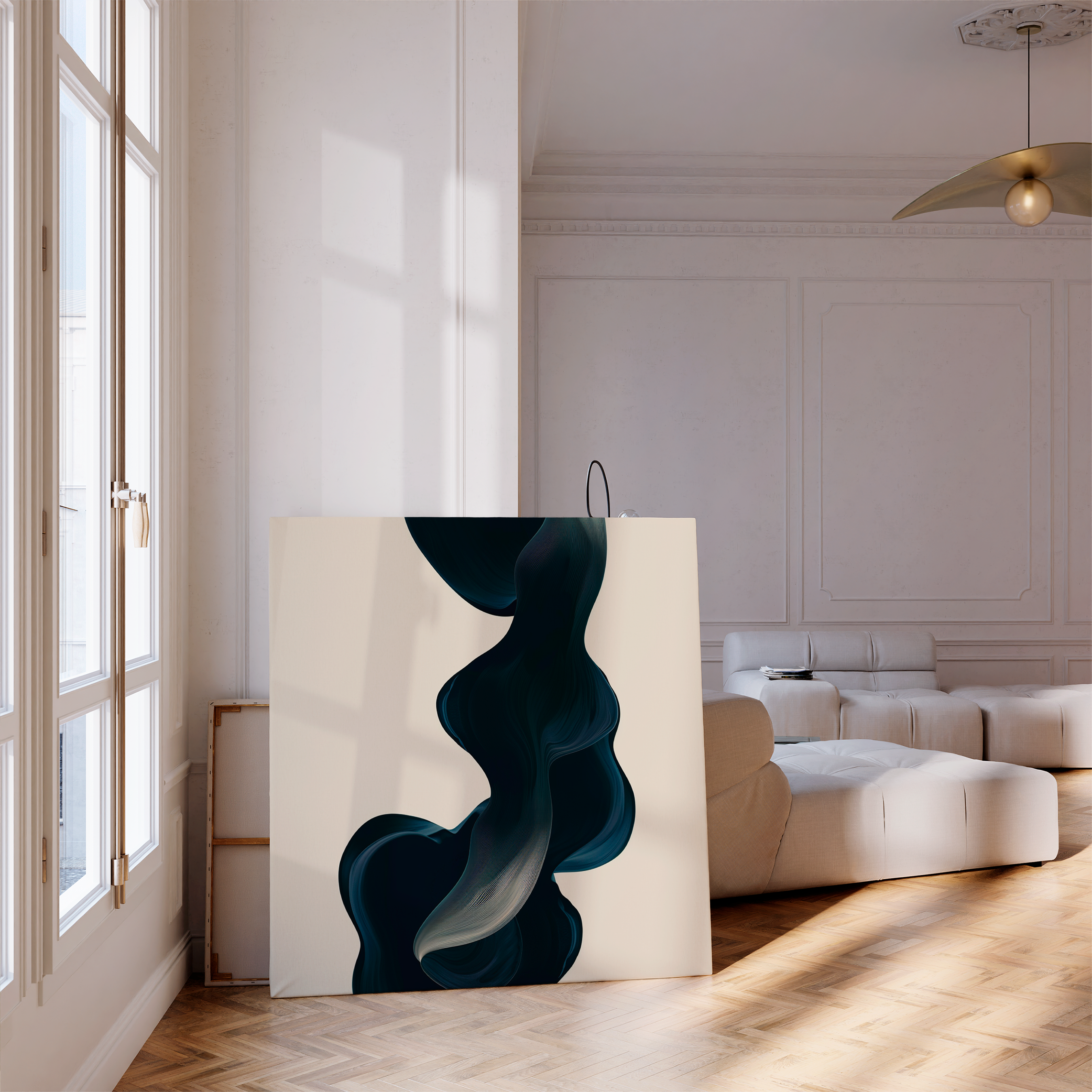 The Nocturnal Wave Abstract Canvas Art, featuring dark blue swirling shapes, leans against the white wall of a bright modern living room with parquet floors and a curved beige sofa—ideal for sophisticated decor.
