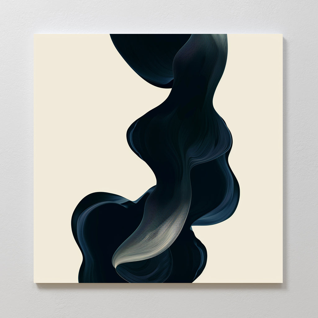 Nocturnal Wave Abstract Canvas Art features a flowing, dark ribbon-like shape with soft gradients on a light beige background. This large minimalist wall decor adds movement and elegance to any living room or modern space.