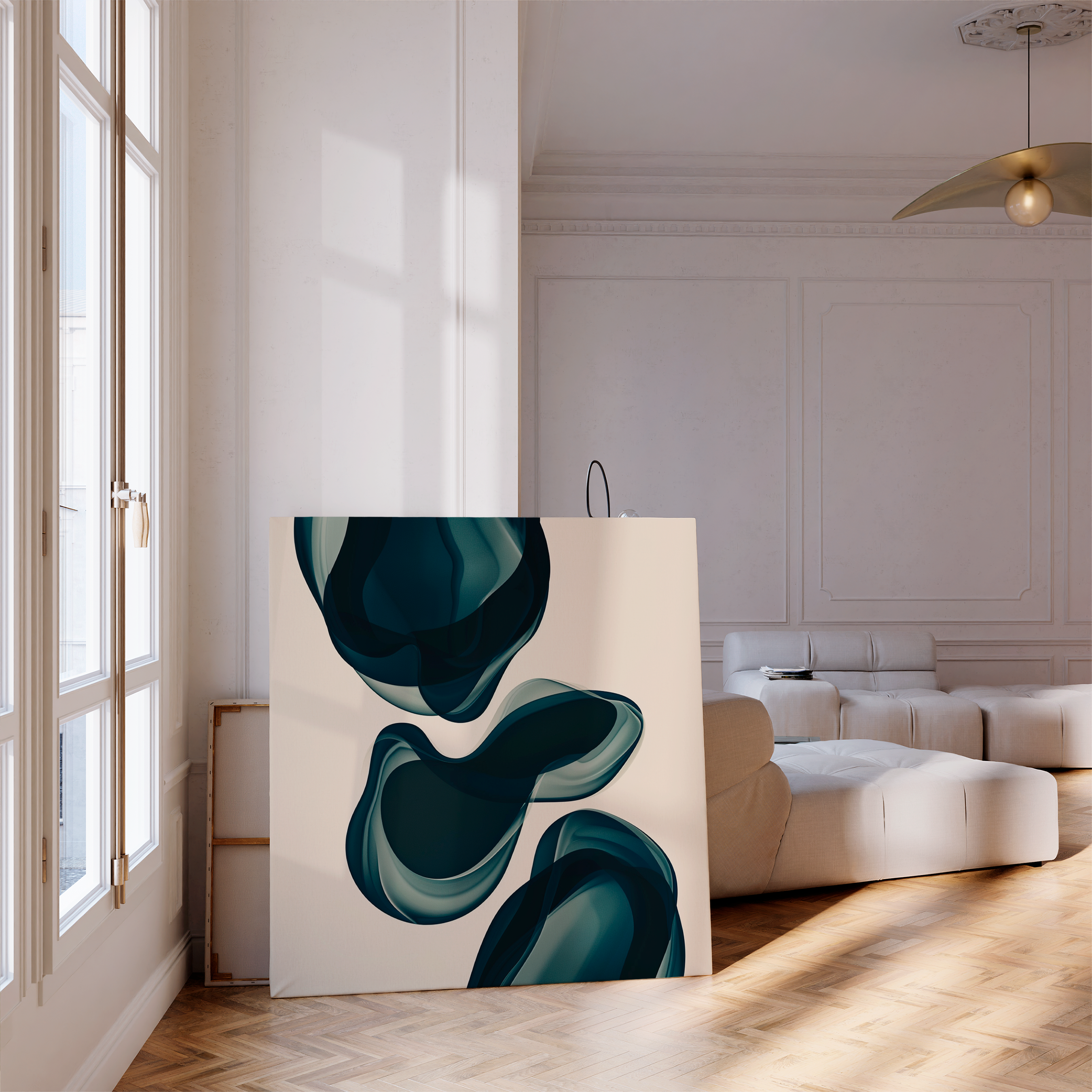 The Deep Sea Hues Abstract Canvas Art by My Store, featuring swirling teal designs, rests against the wall of a bright modern living room with parquet floors and a curved cream sofa—ideal for minimalist décor lovers. Sunlight streams through tall windows.