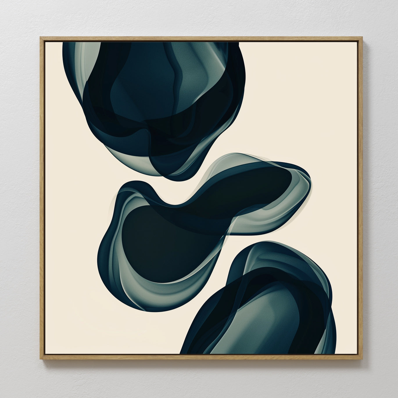 The Deep Sea Hues Abstract Canvas Art by My Store features three overlapping, translucent dark blue shapes with soft edges on a light beige background—framed in wood, perfect for adding modern style to your living room.