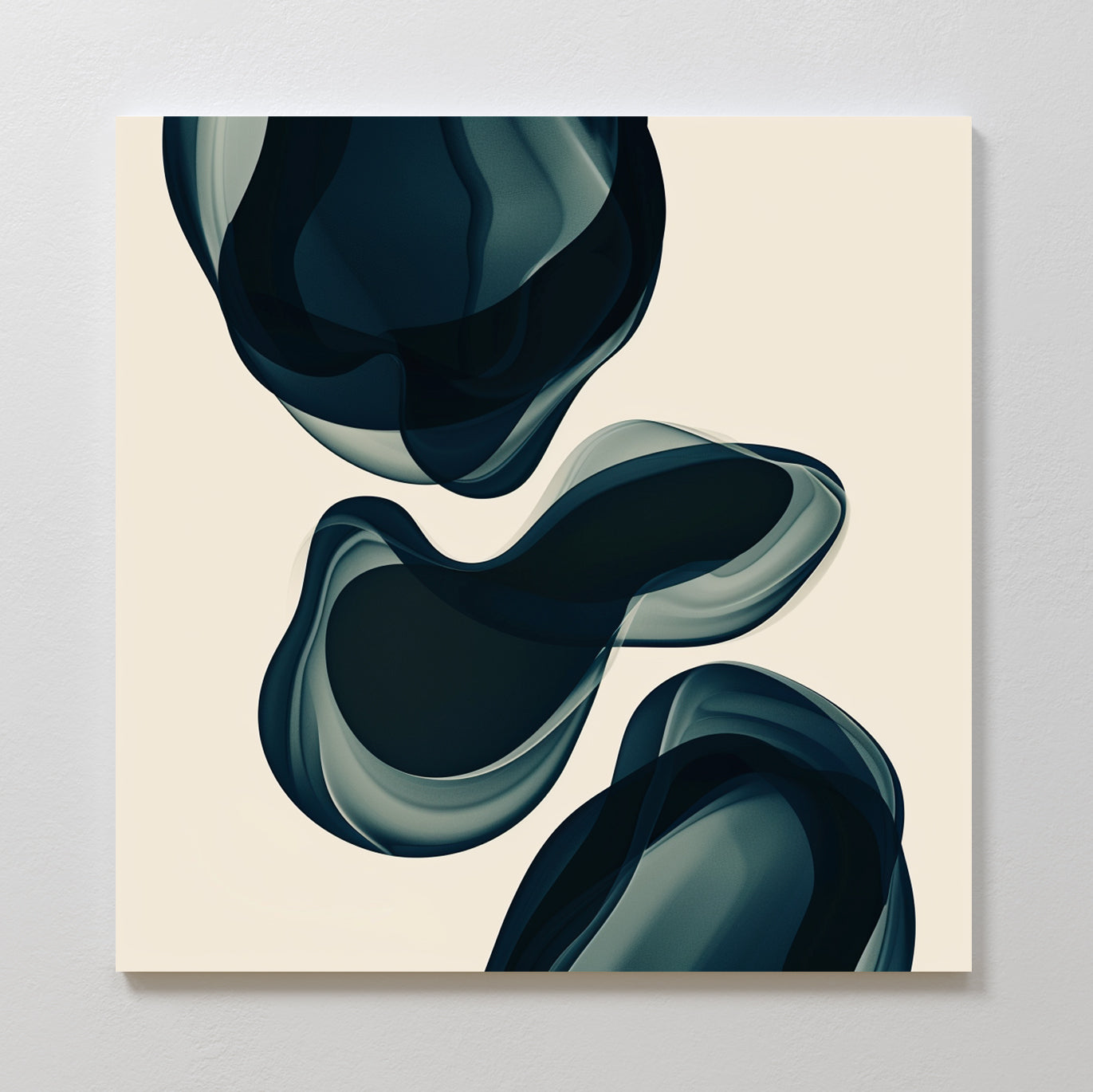 Deep Sea Hues Abstract Canvas Art features three overlapping, translucent dark blue organic shapes on a light beige background. This minimalist piece adds depth and movement, making it perfect for modern living room decor.
