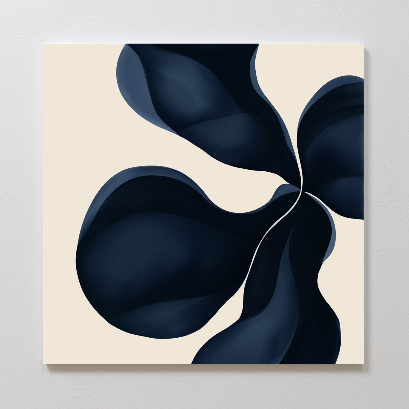 Blossom Blue Abstract Canvas Art features four bold, dark blue petals swirling on a light beige background. This minimalist wall art brings dynamic movement and modern style—perfect as a striking print for any contemporary space.