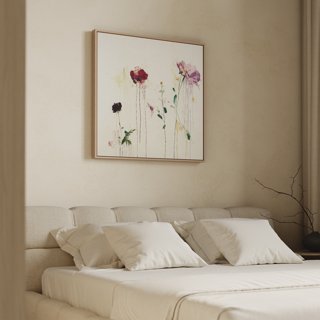 A modern bedroom featuring a beige upholstered headboard, neatly made bed with white bedding, and the elegant Wild Flower Canvas Art displaying red, pink, and purple flowers above the bed.
