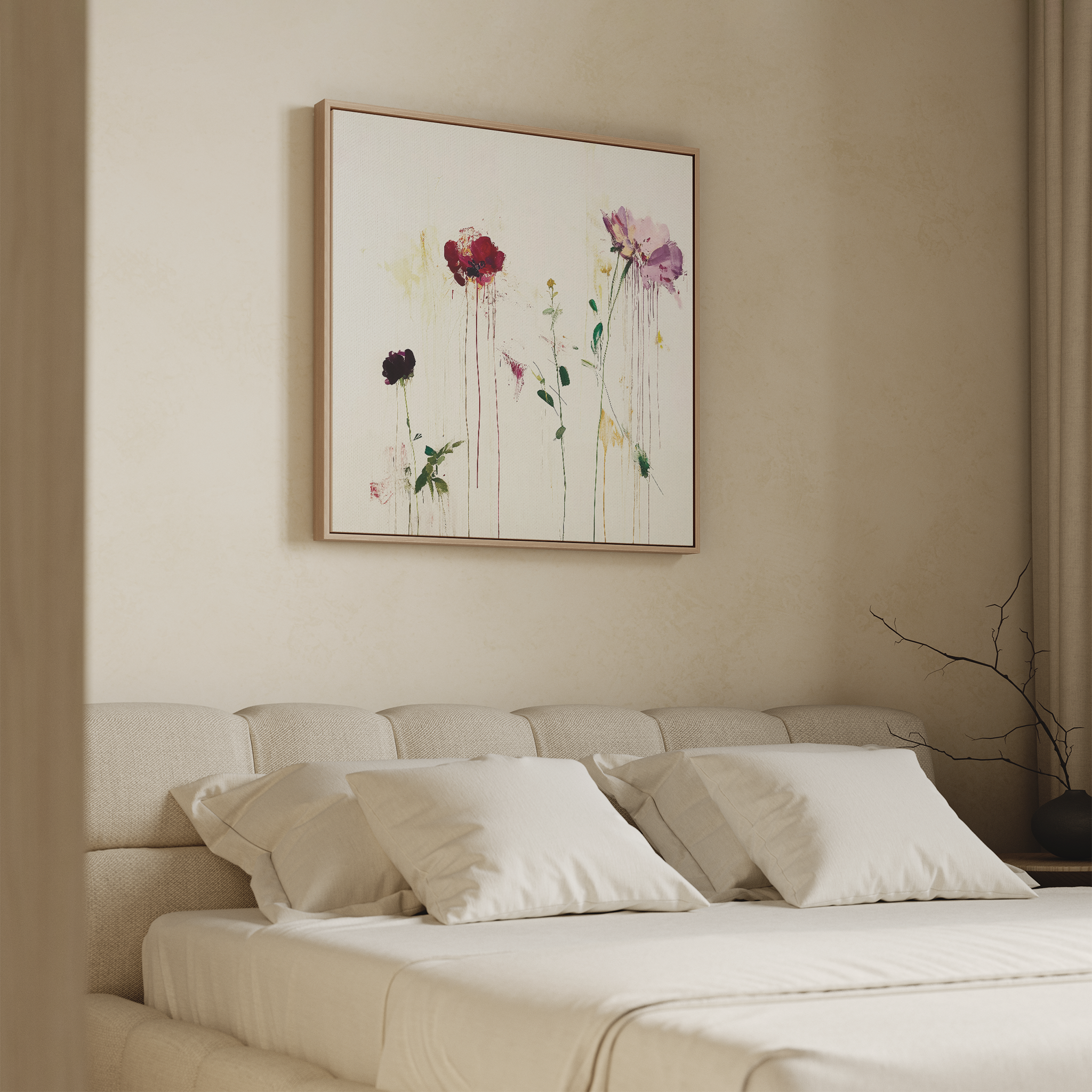 A modern bedroom featuring a beige upholstered headboard, neatly made bed with white bedding, and the elegant Wild Flower Canvas Art displaying red, pink, and purple flowers above the bed.