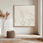 A minimalist room features the Floral Symphony Abstract Canvas Art, a glass vase with pampas grass, a woven basket on a rug, and sunlight streaming through the window onto wooden floors.