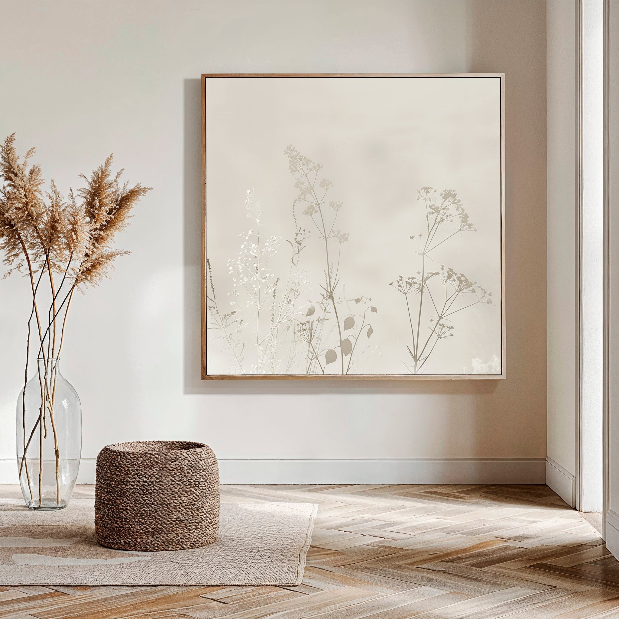 A minimalist room features the Floral Symphony Abstract Canvas Art, a glass vase with pampas grass, a woven basket on a rug, and sunlight streaming through the window onto wooden floors.