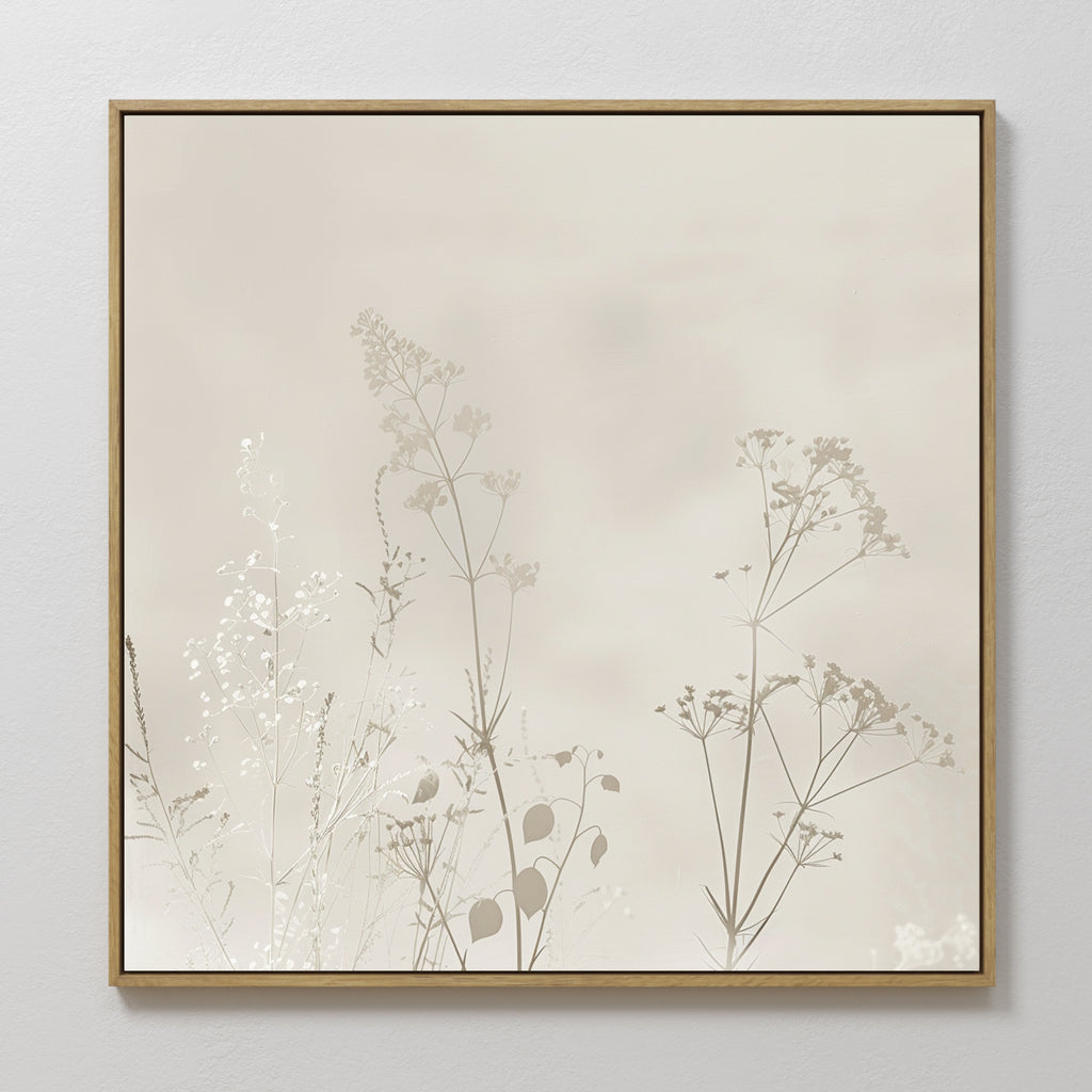Floral Symphony Abstract Canvas Art: a minimalist wall print with delicate light brown botanical silhouettes on a soft beige background, elegantly framed in wood—perfect decor for your living room.