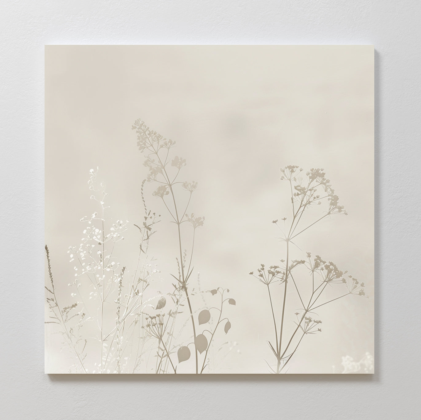 Floral Symphony Abstract Canvas Art features delicate beige wildflower and grass silhouettes on a soft, neutral square canvas—perfect for adding a serene touch to your living room decor.