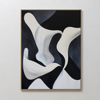 Deep Blue Calm Abstract Canvas Art features flowing curved shapes and smooth gradients in black and white. This minimalist wall art adds movement and depth, making it ideal for modern living room decor within a simple wooden frame on a white wall.