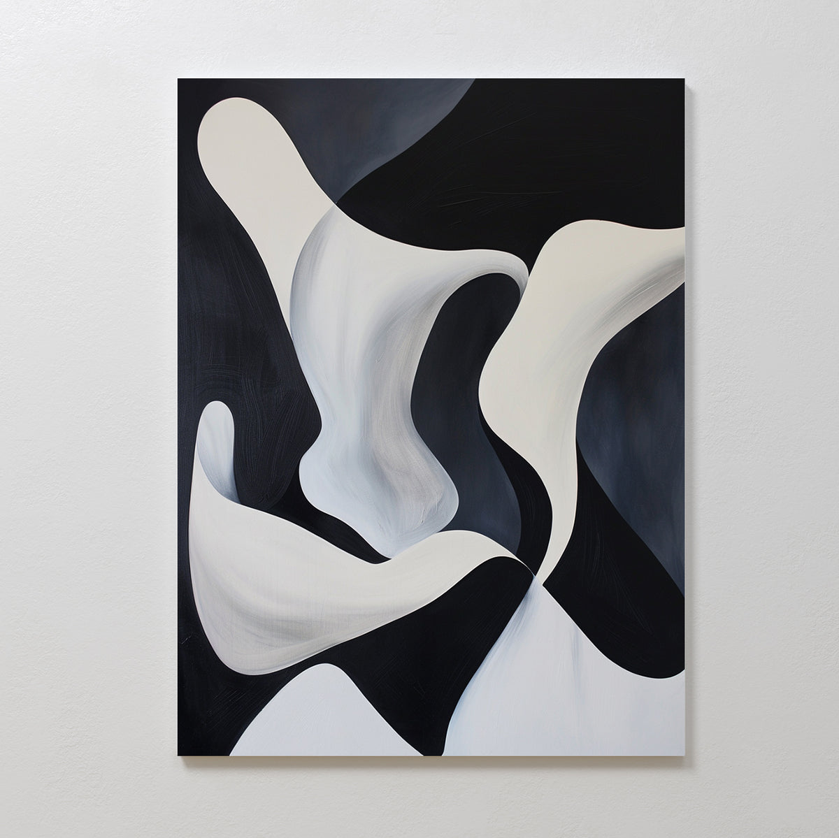 Deep Blue Calm Abstract Canvas Art features flowing black, white, and gray shapes that intertwine for a sense of movement—a striking minimalist wall art piece, perfect for enhancing modern living room decor.