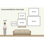 Illustration of a 54 woman beside a sofa with five size options for Tulips Abstract Canvas Art, showcasing minimalist horizontal wall art. Text reads: Tulips Abstract Canvas Art - Horizontal Wall Art Size Guide.