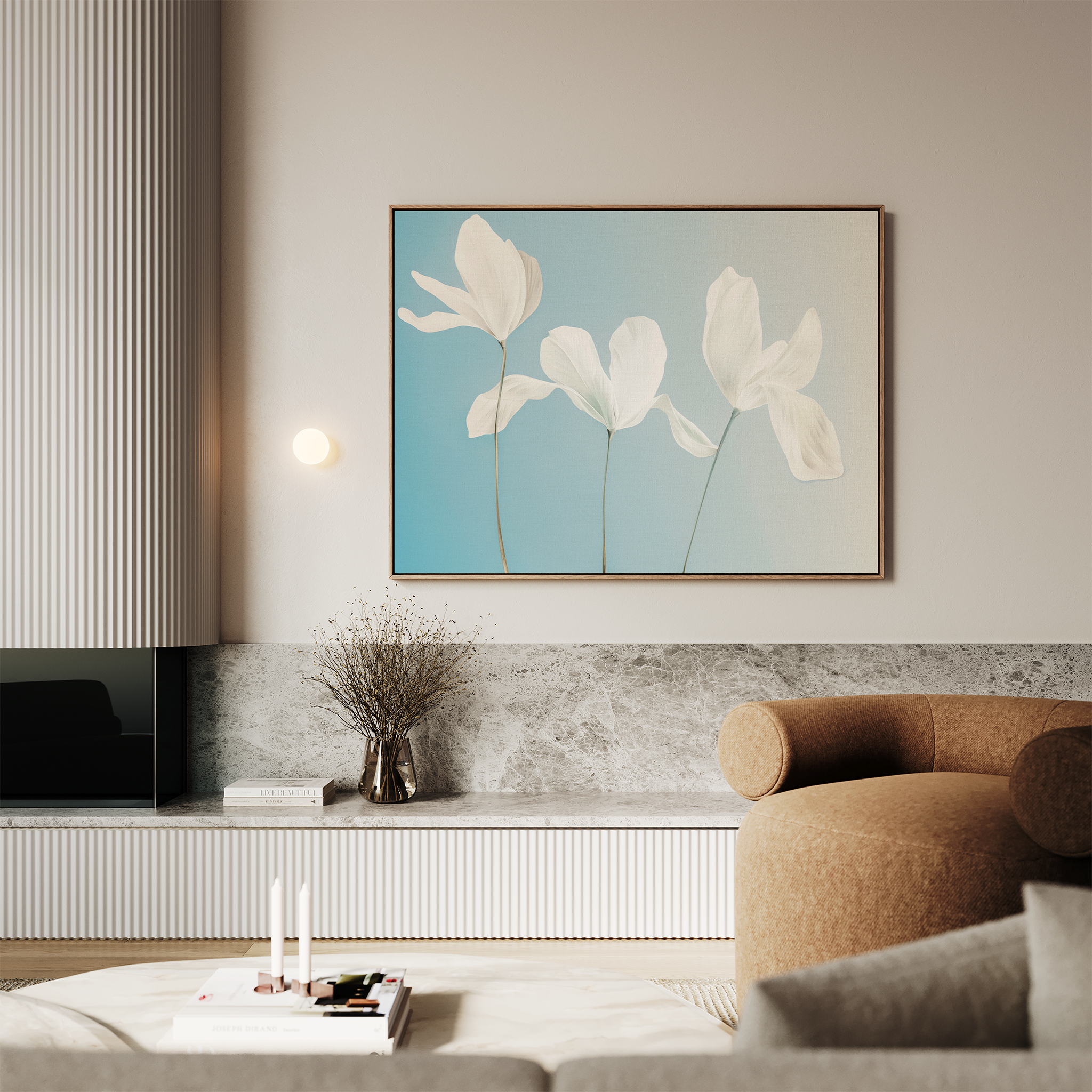 A modern living room with a neutral palette features minimalist wall art—Stellar Flora Abstract Canvas Art, a large white flower painting on blue—paired with a round brown armchair, coffee table, and decorative dried flowers in a vase.