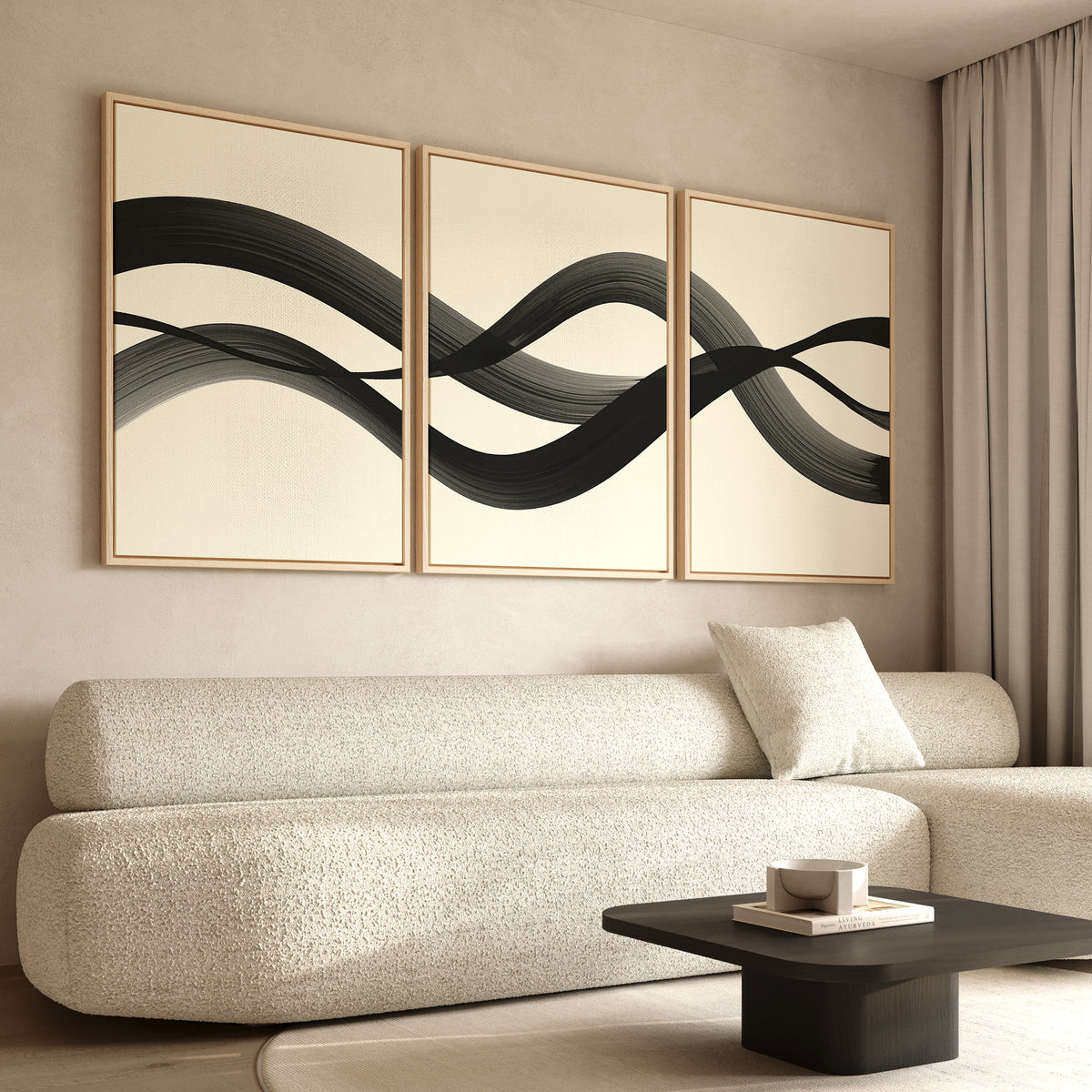 A modern living room features a textured beige sofa, black coffee table, and the Fluid Curves Set of 3 wall art as a striking triptych. Neutral tones and minimalist decor from Nordic Park create a calm, sophisticated atmosphere.
