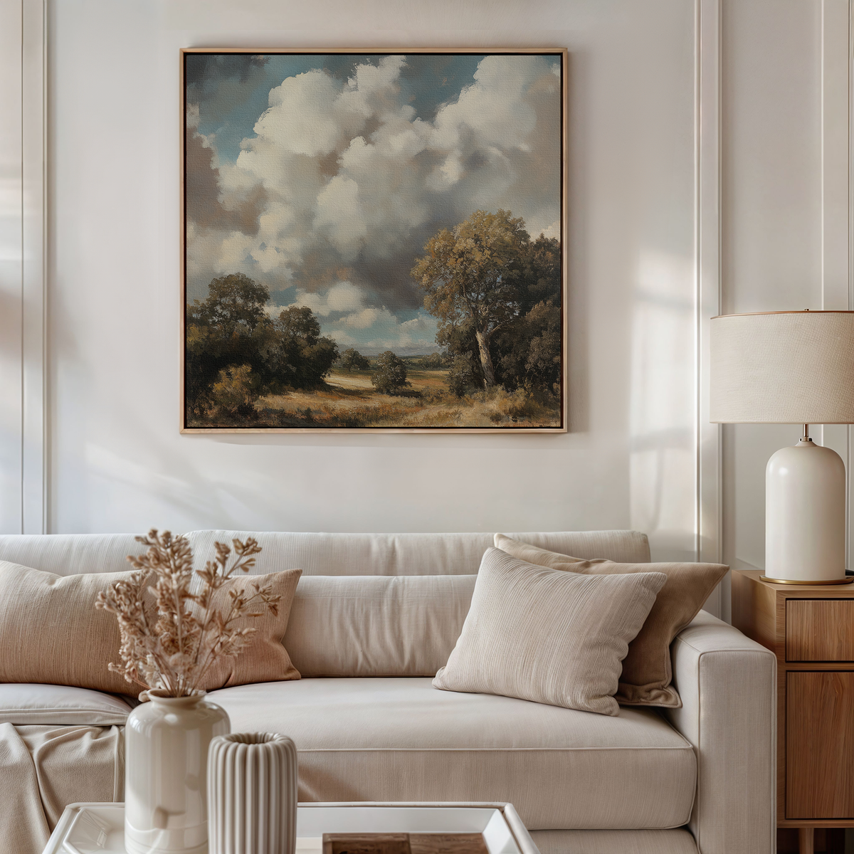 A cozy living room with a beige sofa, neutral throw pillows, a side table with a lamp, dried flowers in a vase, and the Gathering Storm Canvas Art—a landscape painting of clouds, trees, and sky—hanging above the sofa.