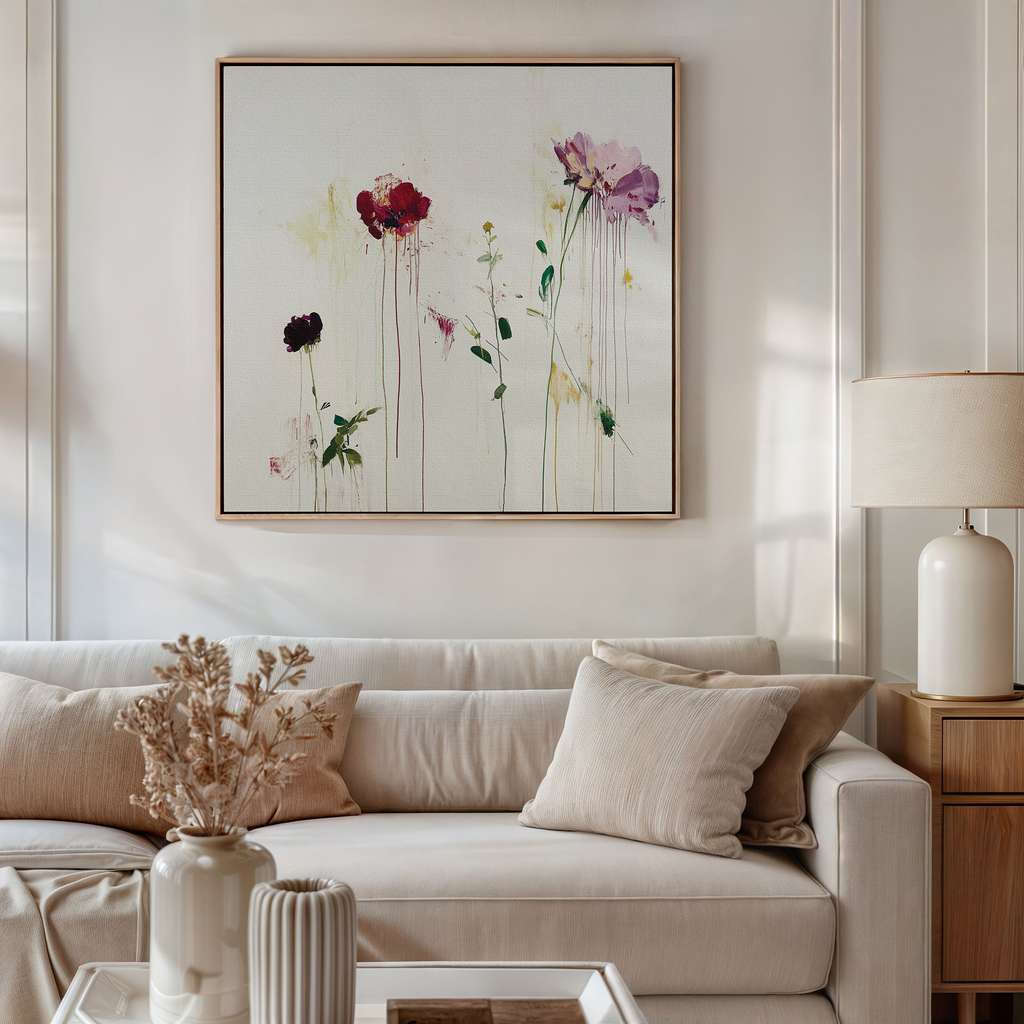 A modern living room features a beige sofa, neutral pillows, a wooden side table with a white lamp, and the Wild Flower Canvas Art hanging above. Dried flowers in a vase decorate the coffee table.