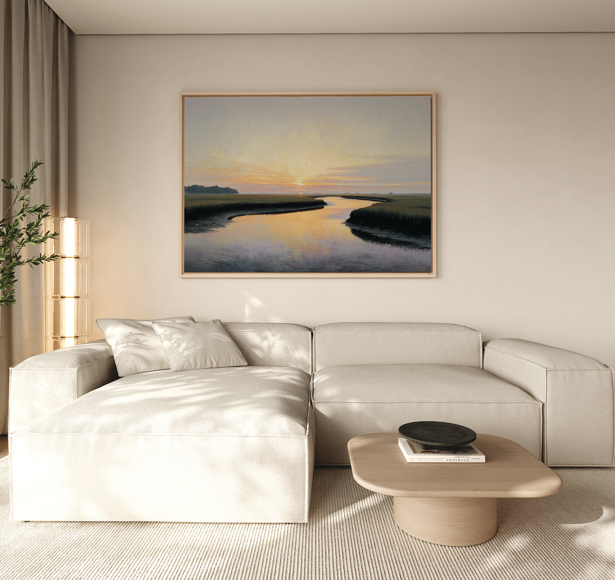 A modern living room with a beige sectional sofa, light wood coffee table, and Tidal Whispers Canvas Art - Horizontal above the sofa. Natural light fills the minimalist space for peaceful home decor.