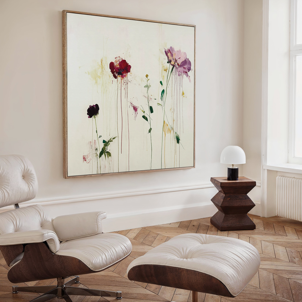 A modern living room featuring a white leather lounge chair and ottoman, a wooden accent table with a white lamp, and Wild Flower Canvas Art displaying abstract floral designs above.