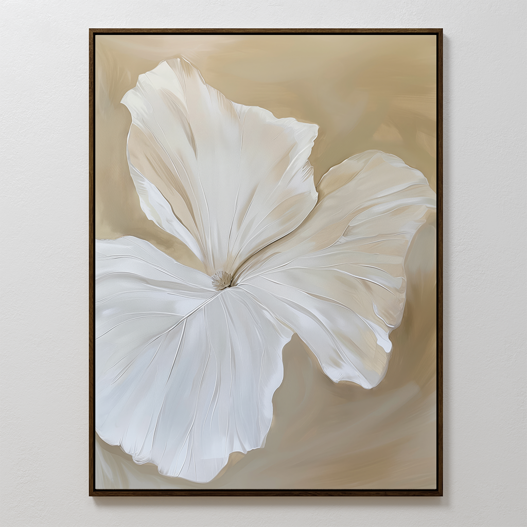 The Aqua Flora Abstract Canvas Art features a minimalist white flower with soft, flowing petals on a beige and tan background, perfect for elevating your living room decor.