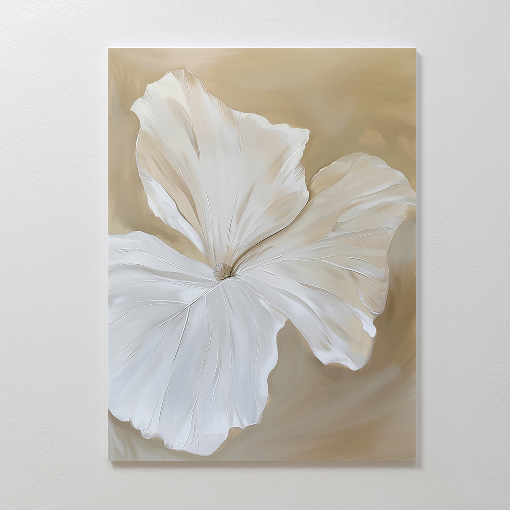 The Aqua Flora Abstract Canvas Art features a large, elegant white flower with soft petals on a light beige background. Delicate brushstrokes create an airy, minimalist look—perfect as gentle living room wall decor.