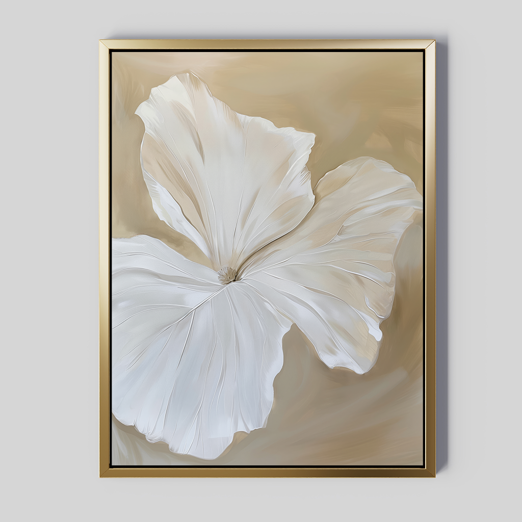 Aqua Flora Abstract Canvas Art features a large white abstract flower with textured petals on a beige background, framed in thin gold metal—perfect minimalist floral wall art for your living room.