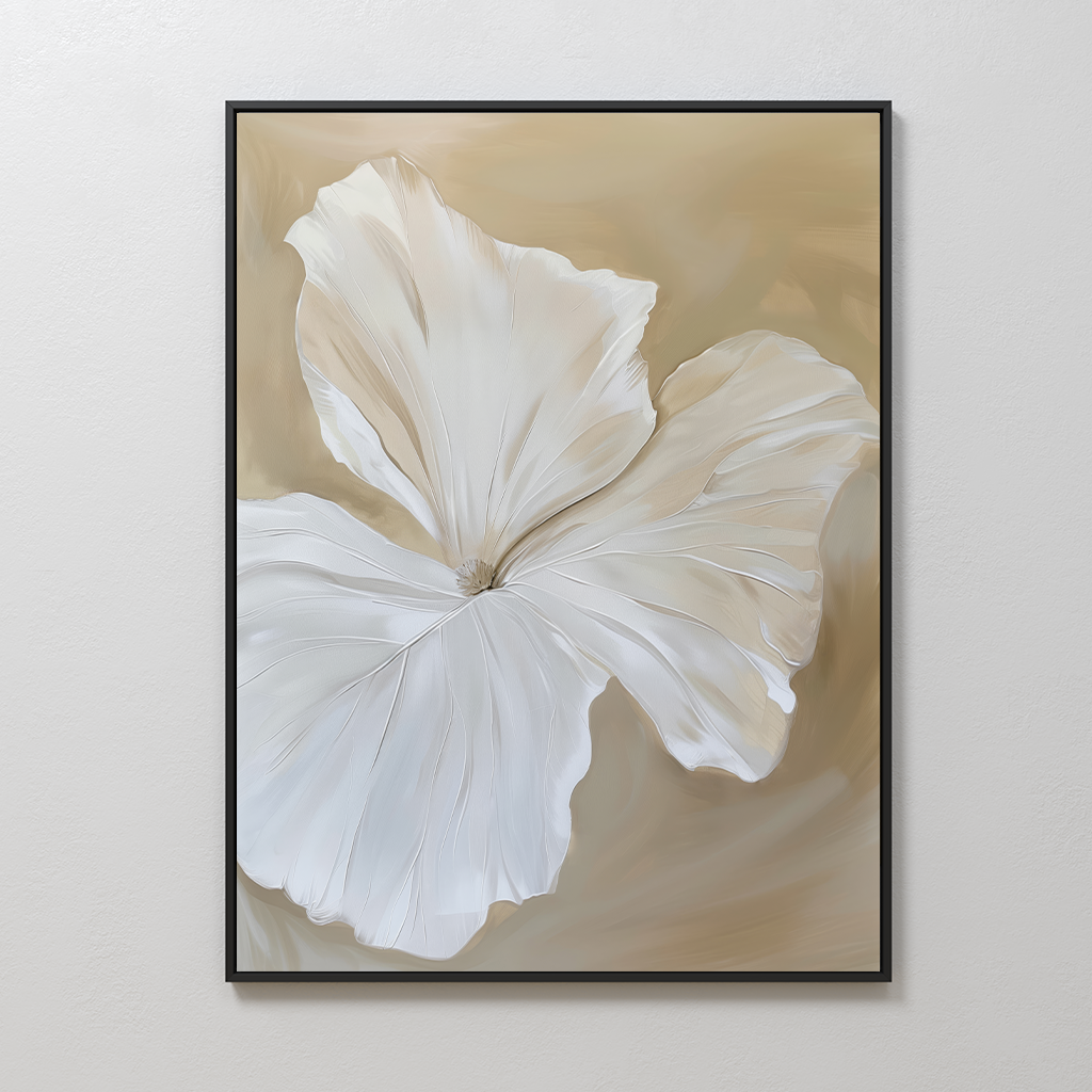 The Aqua Flora Abstract Canvas Art features a large, delicate white flower with flowing petals on a soft beige background, adding elegant style to your living room decor and enhancing any light-colored wall.