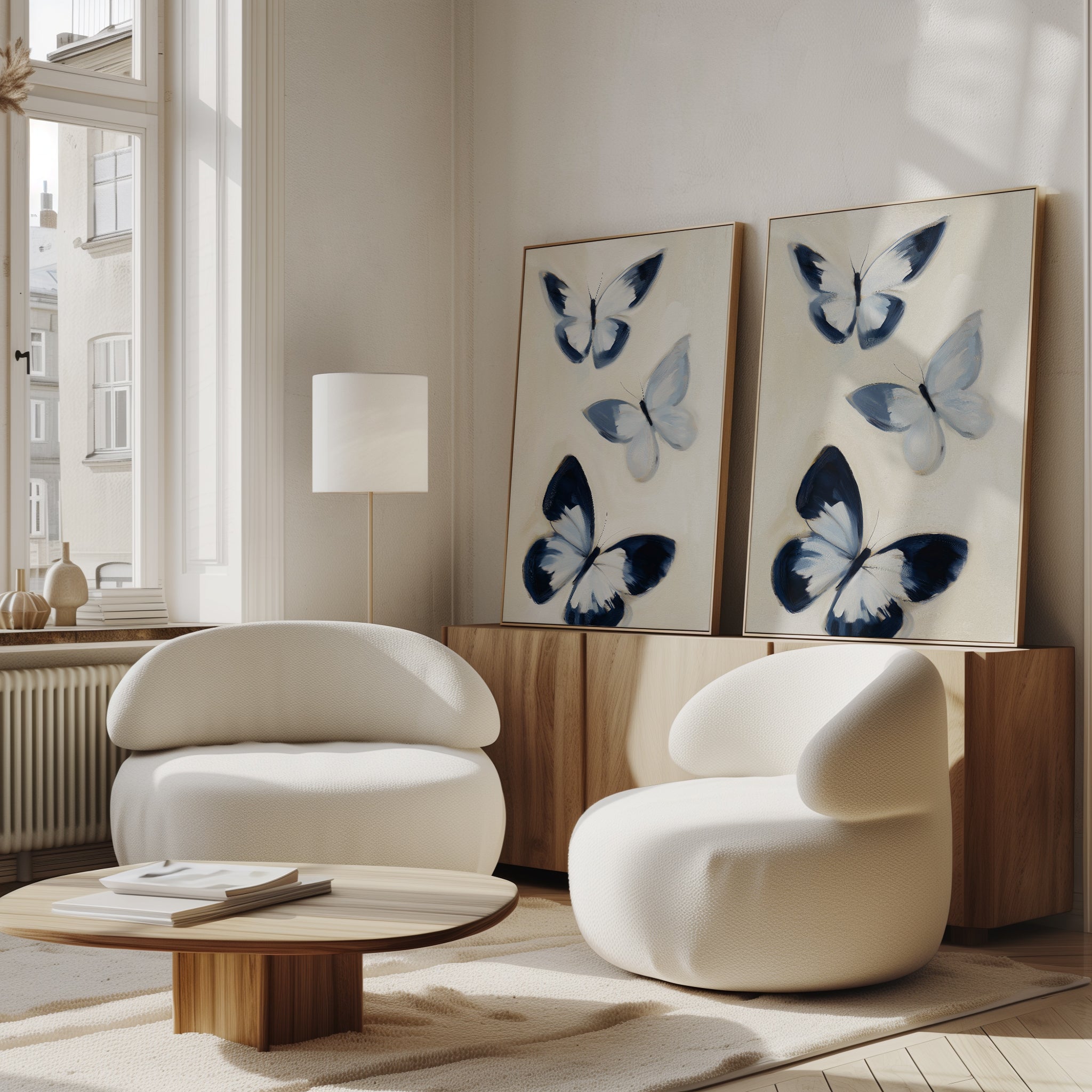 Modern living room with two curved white chairs, a round wooden coffee table, and the Midnight Wings Set of 2 butterfly wall art in blue and white on a wooden sideboard beside a tall window with natural light.