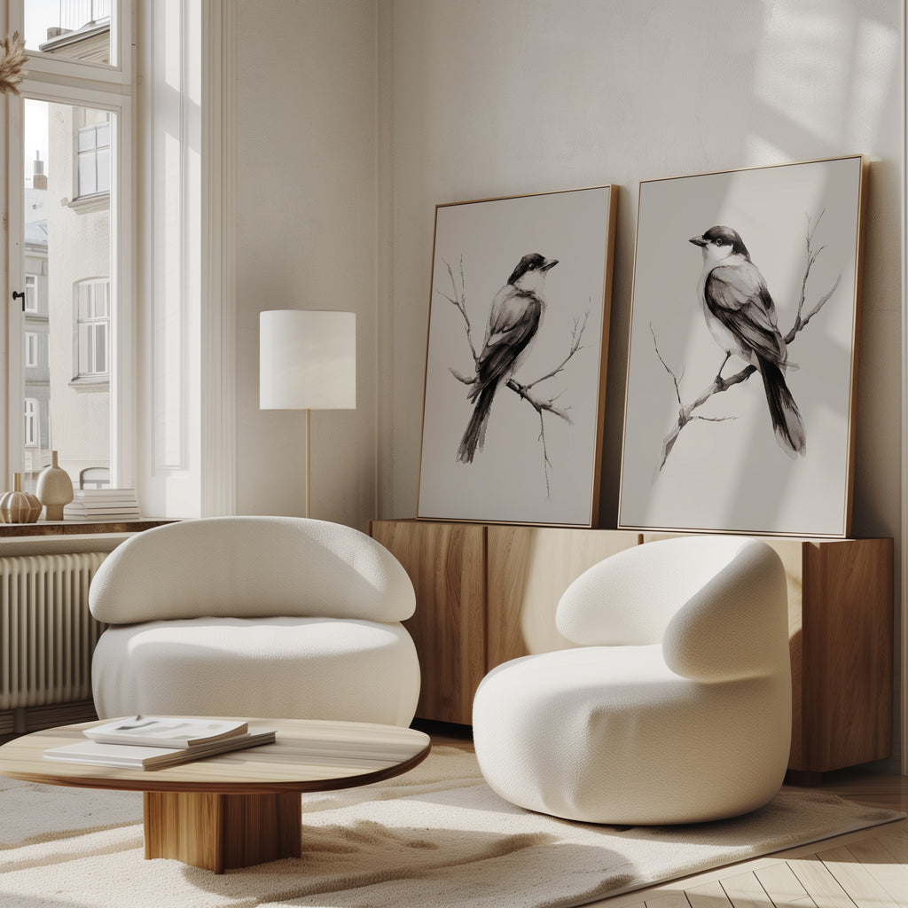 A modern living room features the Still Perch Set of 2 white, rounded armchairs, a low wooden coffee table, and neutral-toned bird art prints by the sideboard. Sunlight through tall windows completes the serene Nordic Park vibe.