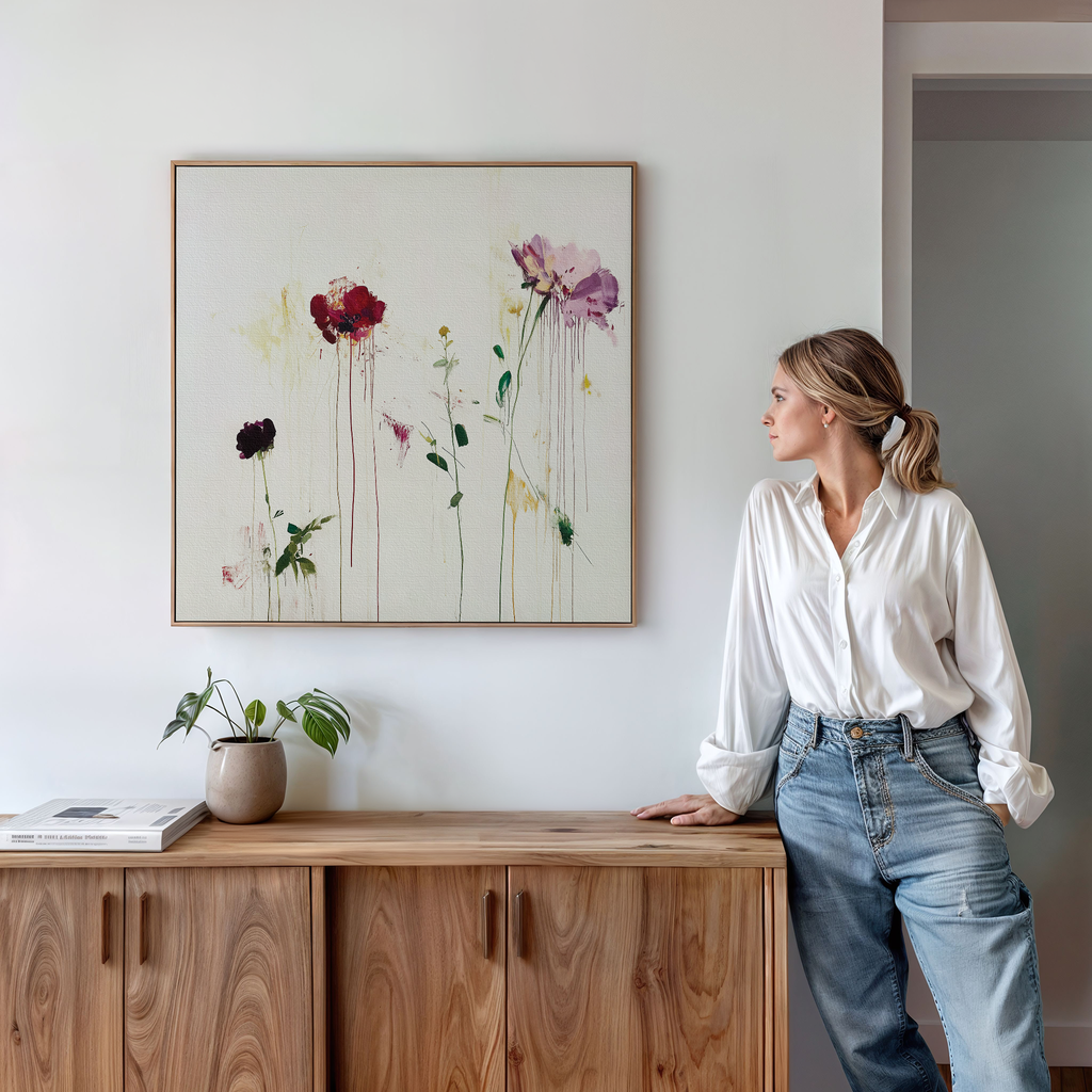 A woman in a white blouse and jeans stands beside a wooden cabinet, admiring the Wild Flower Canvas Art on the wall. A potted plant and books sit on the cabinet, enhancing the minimalist charm of the room.