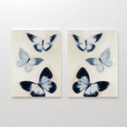 The Midnight Wings Set of 2 features abstract butterflies in soft blue, black, and white on beige canvas, bringing graceful movement and modern style to your wall decor.