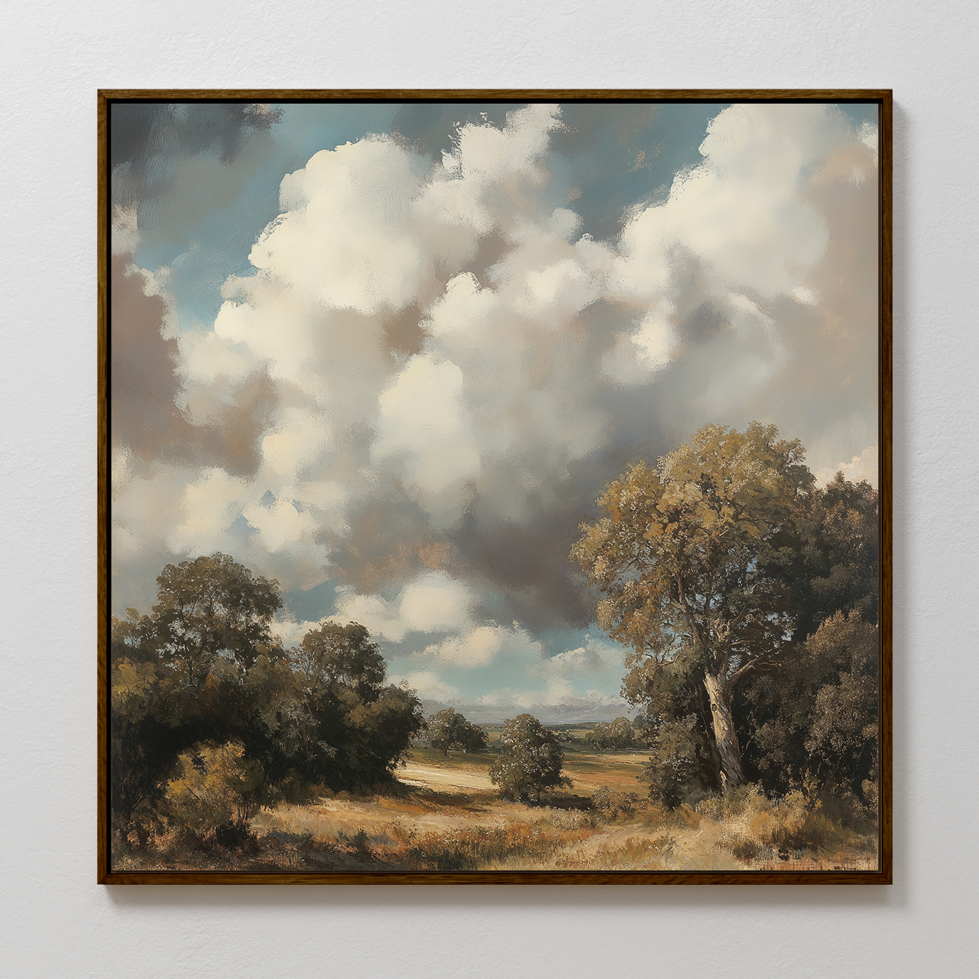 The Gathering Storm Canvas Art features tall trees, grassy fields, and a dramatic cloudy sky in soft, natural hues—ideal atmospheric wall decor to enhance your living room.