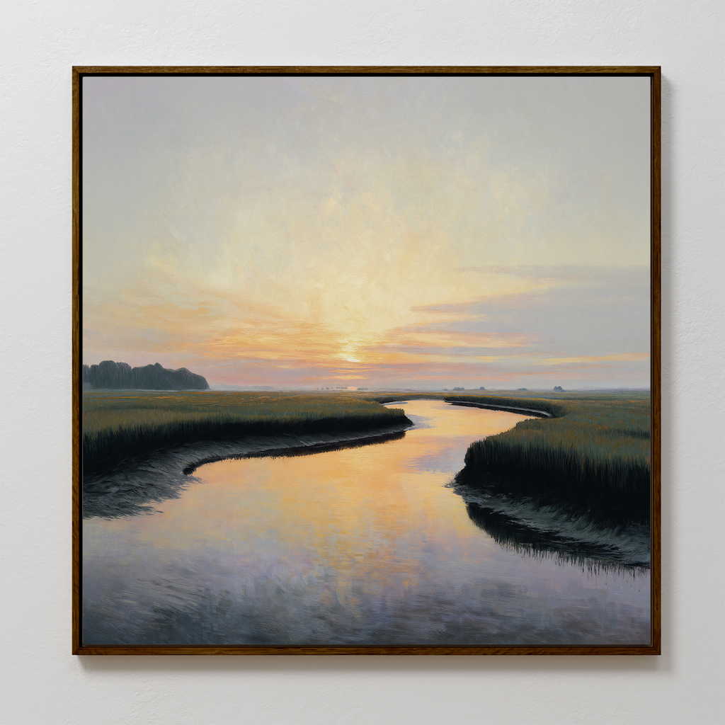 The Tidal Whispers Canvas Art - Square showcases a tranquil marshland at sunset, with golden hues reflecting in winding waters, bordered by tall grasses—ideal sunset wall art to bring serene beauty to any space.