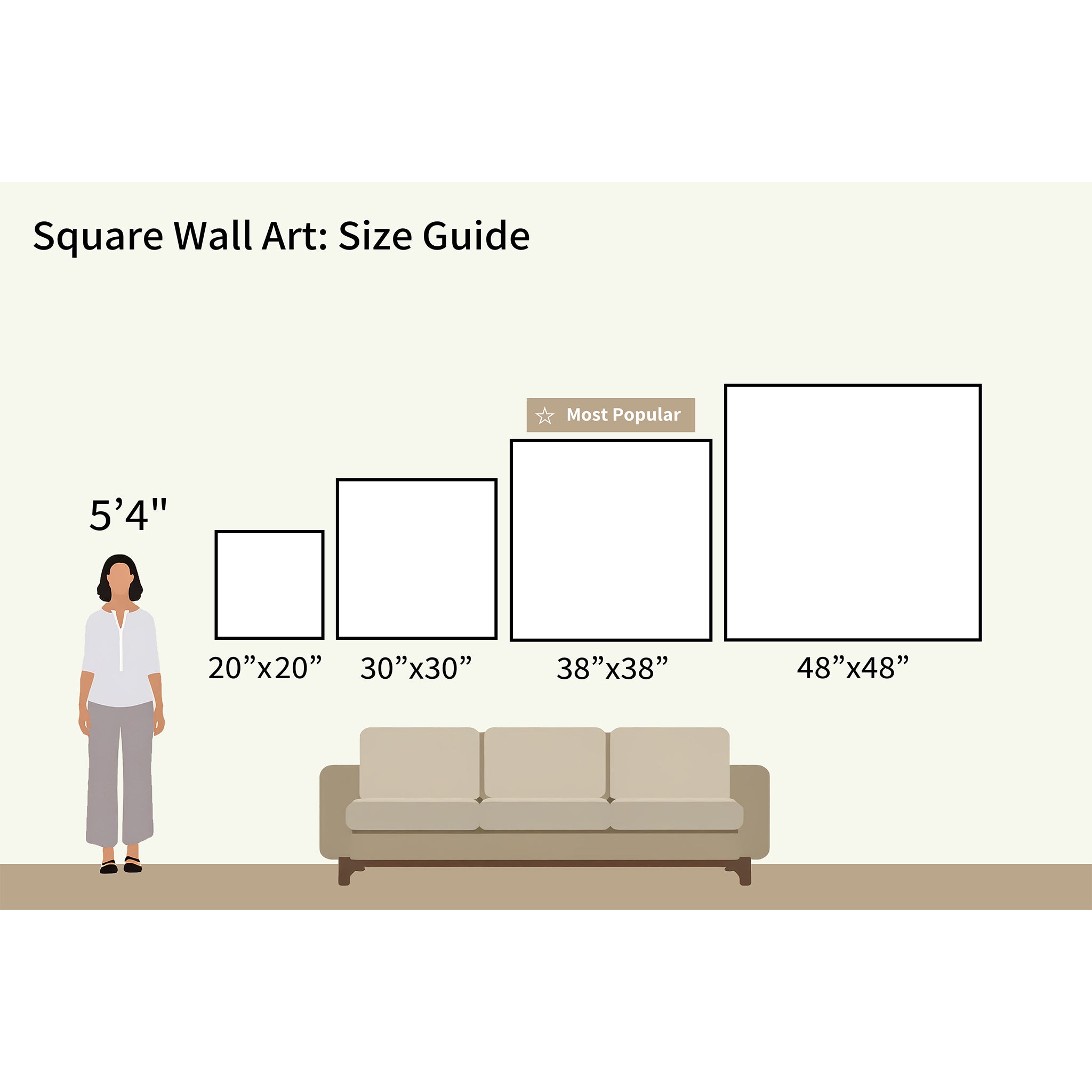Illustration of a 54 woman by a sofa with four Quiet Division Abstract Canvas Art size options above: 20x20, 30x30, 38x38 (Most Popular), and 48x48, highlighting modern large wall art options for elegant spaces.