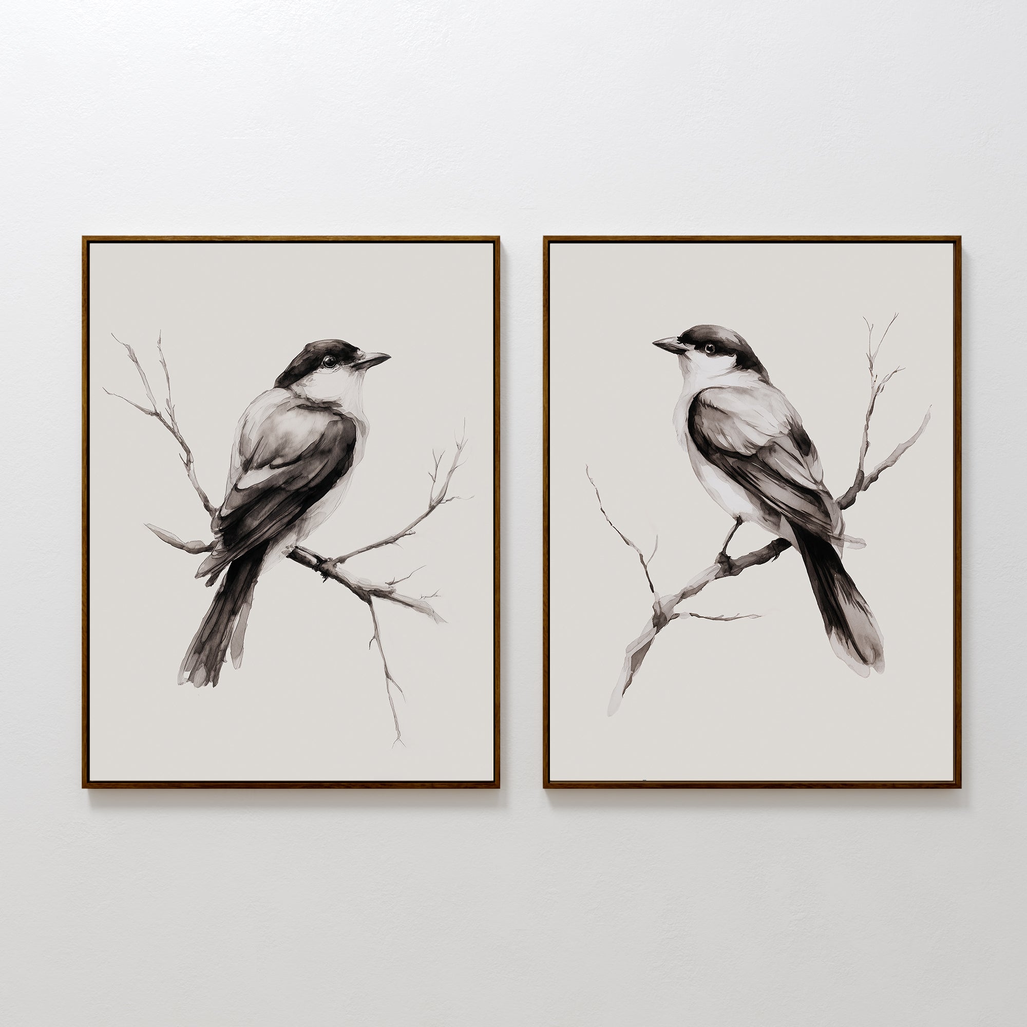 The Still Perch Set of 2 features framed black-and-white bird prints, each showing a bird on a branch facing opposite directions—an elegant Nordic Park accent for your neutral-toned wall art collection.