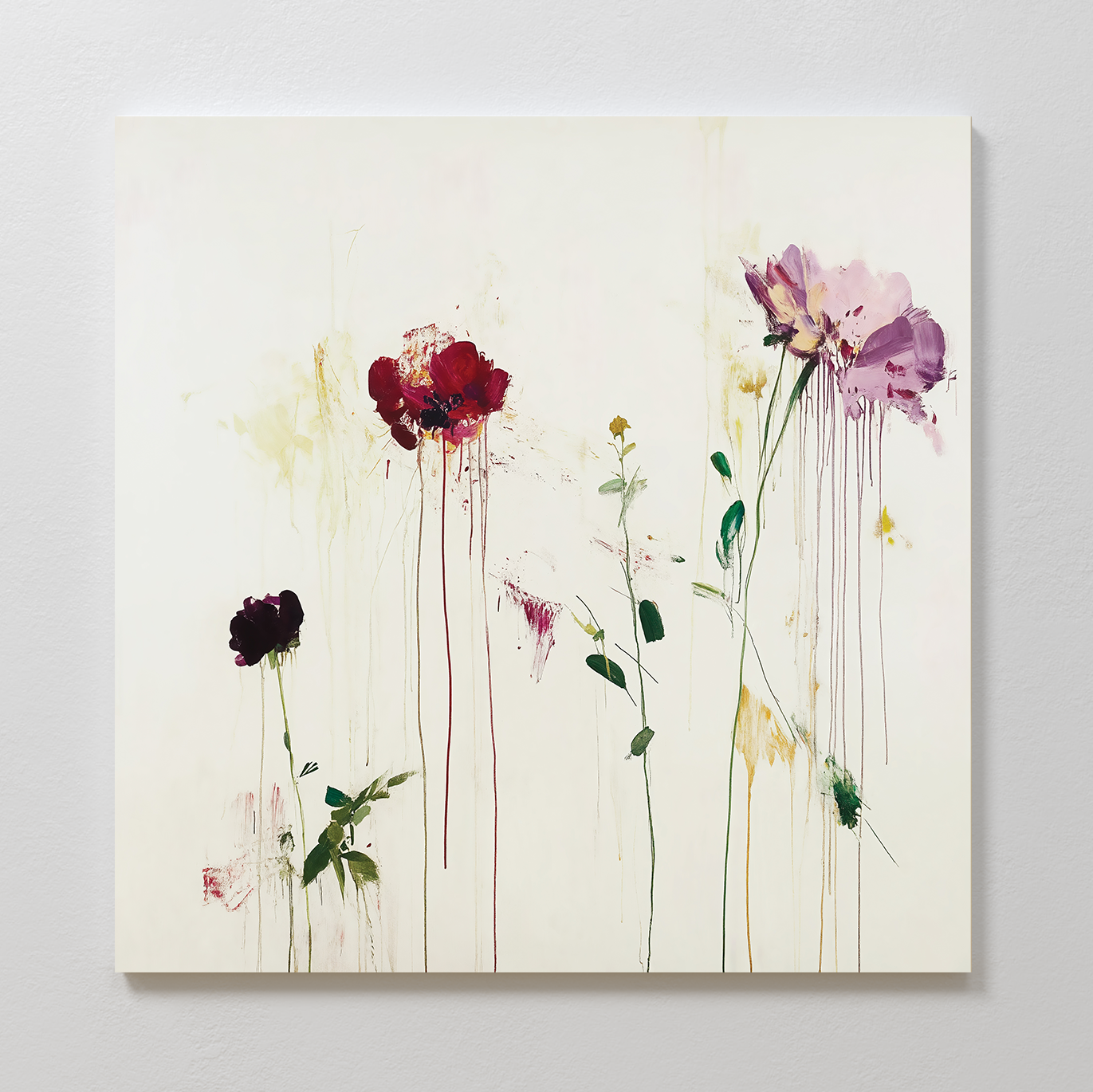Bring modern charm to your space with Wild Flower Canvas Art—delicate red, purple, and pink flowers on white, accented by dynamic watercolor drips and splashes for a lively, contemporary floral touch.