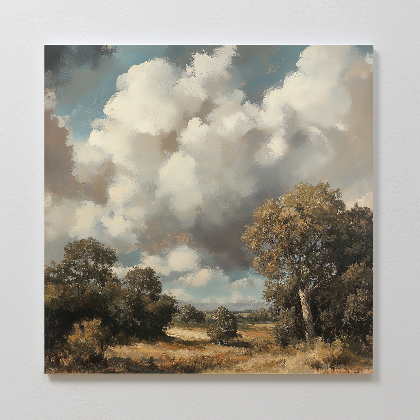 Gathering Storm Canvas Art features a striking landscape with tall trees and dramatic clouds, capturing natures serene yet powerful beauty—an ideal piece to enhance and uplift your living room decor.