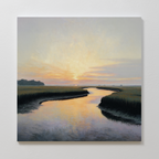 Tidal Whispers Canvas Art - Square captures a tranquil marsh at sunset, with a winding river reflecting orange and purple skies and grassy banks—perfect coastal wall art to brighten any room.