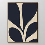 The Botanical Ink Abstract Canvas Art showcases large abstract navy blue leaf shapes on a beige background with a thin black frame—bold, modern, and perfect for adding smooth, organic curves to your living room decor.