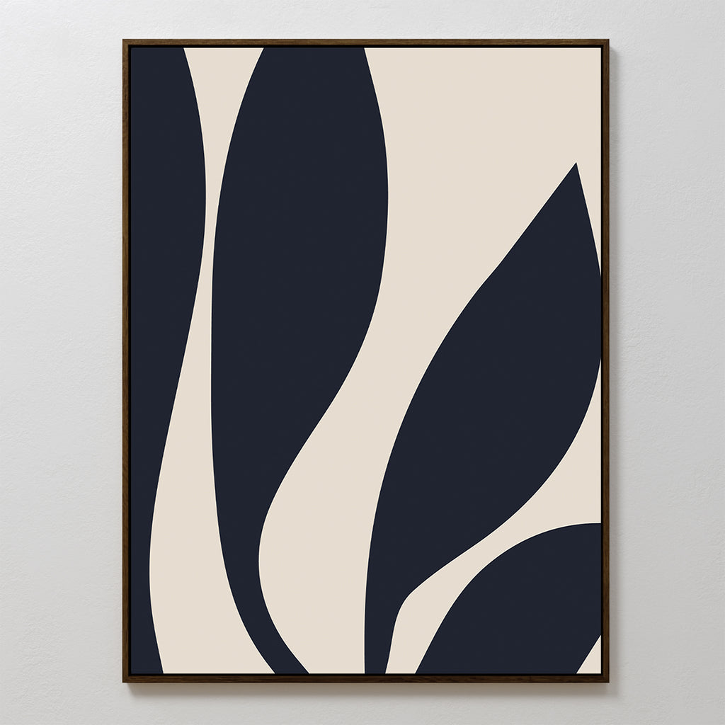 Dark Blue Leaves Abstract Canvas Art features bold, curved navy shapes on a beige background, framed in dark wood—a minimalist piece that brings modern elegance to any space.