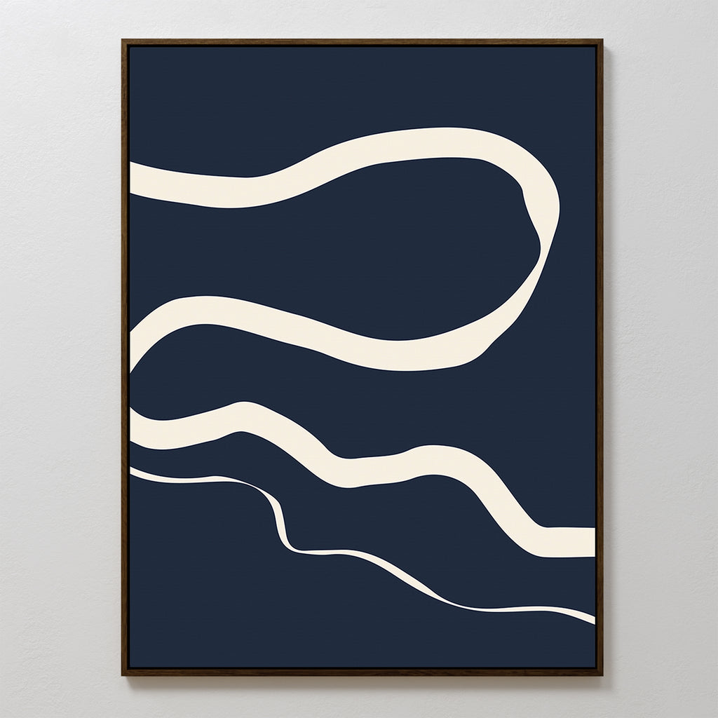 Blue Tranquility Abstract Canvas Art features three wavy cream lines on a dark blue background in a slim brown frame, adding modern movement and style—ideal as living room decor.