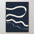 Blue Tranquility Abstract Canvas Art features three wavy cream lines on a dark blue background in a slim brown frame, adding modern movement and style—ideal as living room decor.