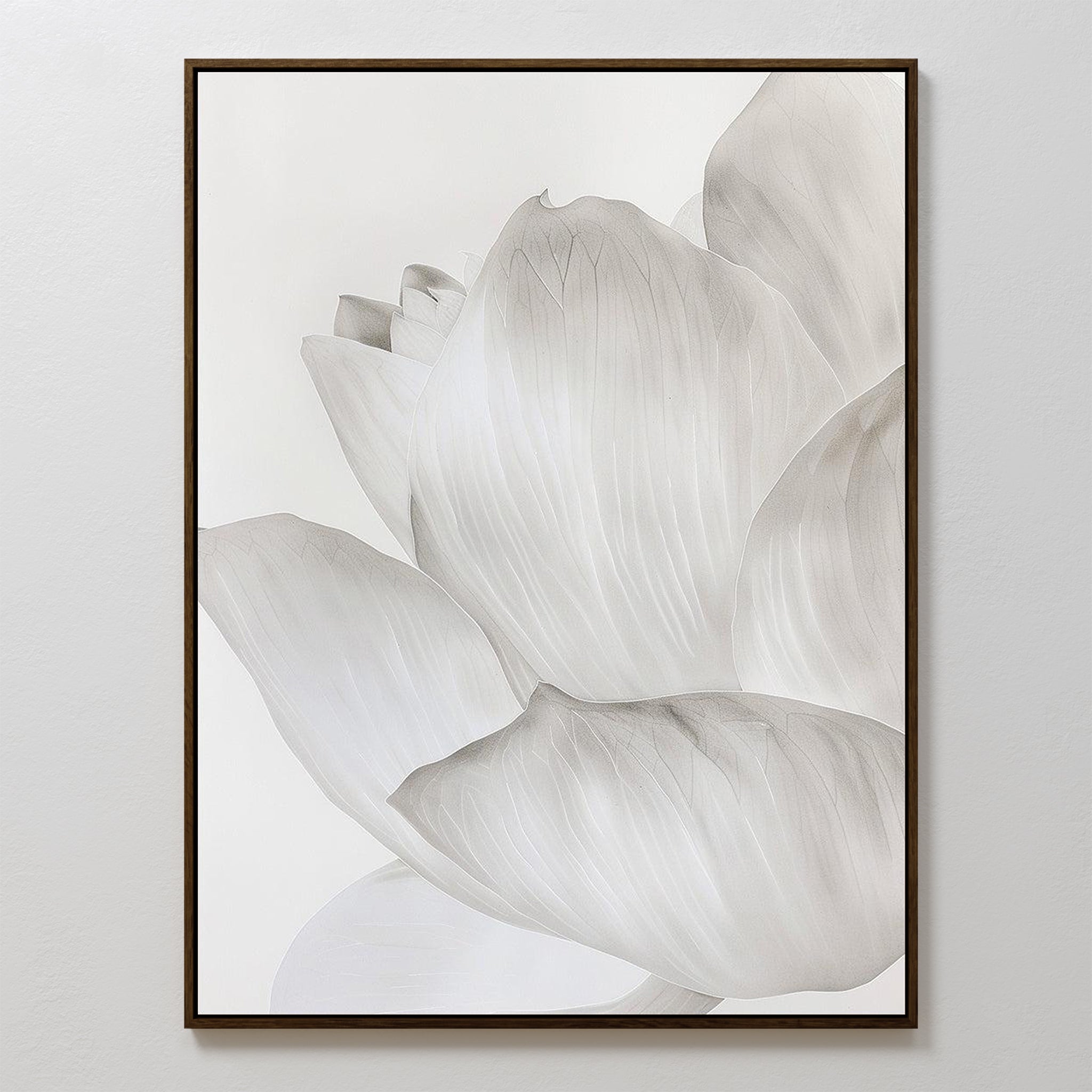 The White Blossom Abstract Canvas Art showcases a minimalist close-up of overlapping flower petals in soft grey and white tones, making it an ideal wall art print for modern living room decor.